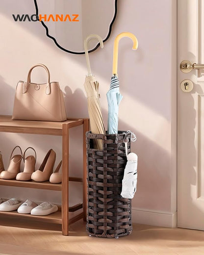 Rattan Umbrella Stand, Umbrella Holder for Entryway, Hand Woven Umbrella Rack Organizer Freestanding, with a Detachable Drip Tray, 4 Hooks, 7.5" L x 7.5" W x 16.5" H, Brown