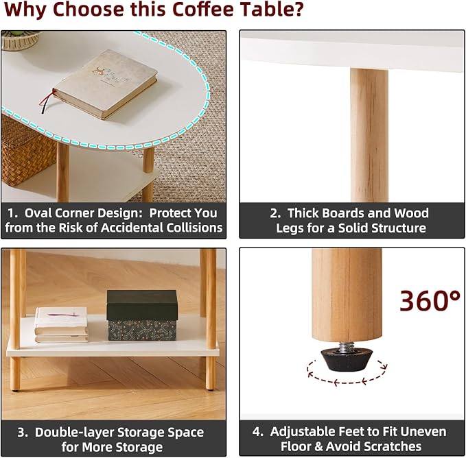 Aibiju Oval Coffee Table White, Small Wooden Coffee Table for Small Space, Tea Table Stand 35 * 16 * 17 inches, 2 Tier Center Table for Living Room White YD-012W