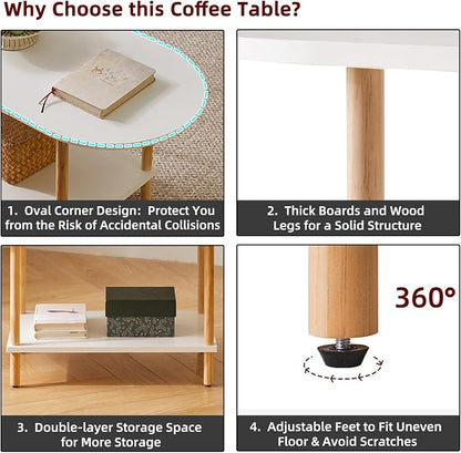 Aibiju Oval Coffee Table White, Small Wooden Coffee Table for Small Space, Tea Table Stand 35 * 16 * 17 inches, 2 Tier Center Table for Living Room White YD-012W