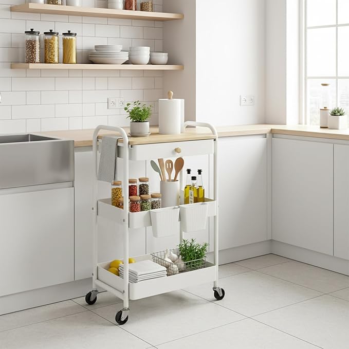 danpinera 3 Tier Rolling Cart with Wooden Table Top, White Rolling Utility Cart with Drawer & Locked Wheels, Easy Assembly for Nursery, Living Room, Studio