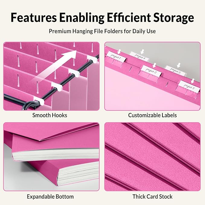 SUNEE Hanging File Folders, 25 Pack Letter Size Hanging File Folders with 1/5-Cut Tabs, Ideal for Home and Office Organization and Papers Classification, Bright Neon Pink