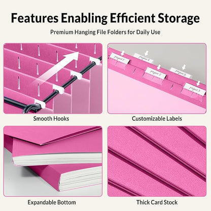 SUNEE Hanging File Folders, 25 Pack Letter Size Hanging File Folders with 1/5-Cut Tabs, Ideal for Home and Office Organization and Papers Classification, Bright Neon Pink