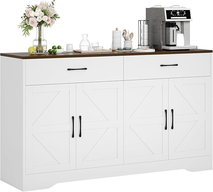 55" Sideboard Buffet Cabinet with Storage, Large Kitchen Storage Sideboard with Drawers & Doors, Modern Wood Farmhouse Coffee Bar Cabinet, Buffet Table for Kitchen, Dining Room, Living Room, White