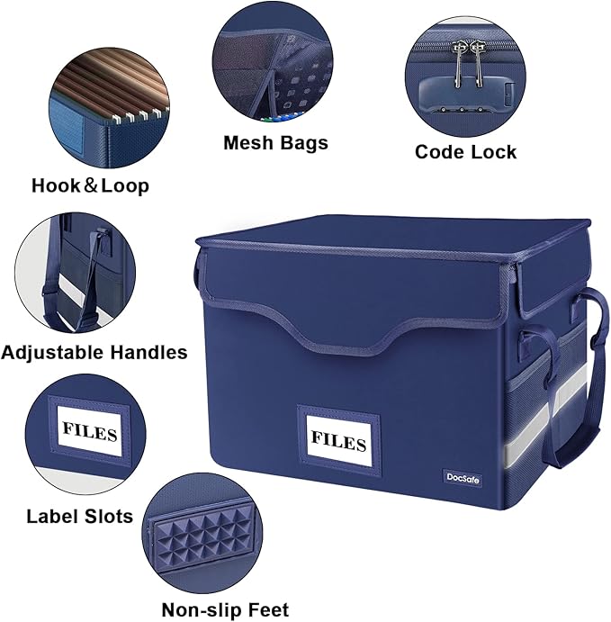 DocSafe Fireproof Document Box with Lock, File Storage Organizer with Mesh Pockets, Collapsible Portable File Box Home Office Safe Filing Cabinet with Handle for Hanging Letter/Legal Folder, Blue