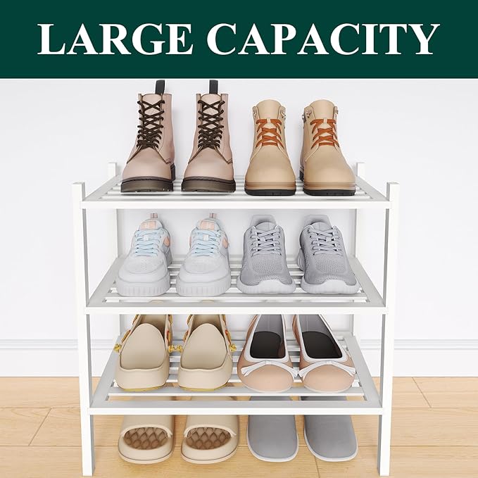 Smiry Small Bamboo Shoe Rack 3-Tier, Stackable Wooden Shoe Organizer for Entryway & Closet, Free Standing Wood Shoe Storage Shelf for Front Door & Small Spaces, White
