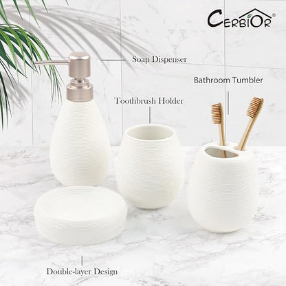 CERBIOR Bathroom Accessories Set,4 Pcs Ceramic Bathroom Decor Accessory,Includes Toothbrush Holder, Toothbrush Cup, Soap Dish for Decorative Countertop and Housewarming Gift(White 4pcs)