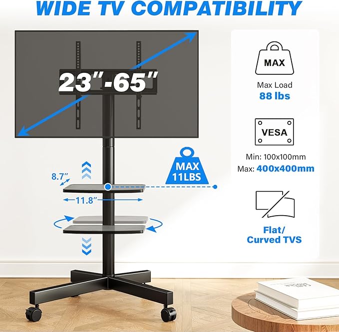 Rfiver Mobile TV Stand for 23-65 Inch LCD LED Flat/Curved Panel Screen TVs up to 88 lbs, Rolling TV Stand with Adjustable Shelf & Tilt, Portable Floor Stand on Wheels for Bedroom, Living Room, Office