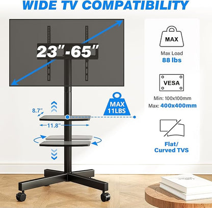 Rfiver Mobile TV Stand for 23-65 Inch LCD LED Flat/Curved Panel Screen TVs up to 88 lbs, Rolling TV Stand with Adjustable Shelf & Tilt, Portable Floor Stand on Wheels for Bedroom, Living Room, Office