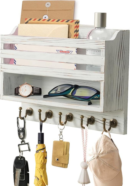 Mail and Key Organizer for Wall – Key Holder Wall Mount with Storage Box and 5 Key Hooks, Mail Holder Wall Mounted for Entryway, Apartment, Office, Home Decor Organization (White)