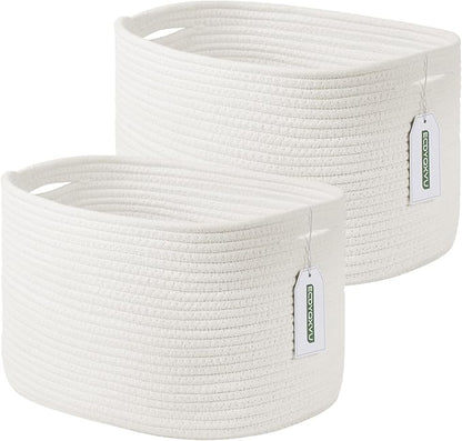 Cotton Rope Storage Basket, 15x10x9 Inches, Woven Basket for Shelves, Clothes, Towels, Books, and Laundry, White (2 Pack)
