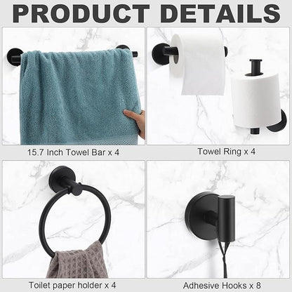 Blulu 20 Pcs Bathroom Hardware Set, Stainless Steel Towel Bar Set Includes 16 Inch Towel Bar, Hook, Ring, Toilet Paper Holder Wall Mounted Bathroom Accessories (Matte Black)
