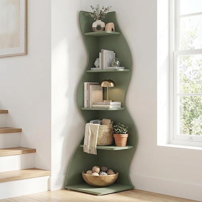 Arvolia 70 Inch Corner Bookshelf, Modern 5-Tier Small Bookshelf with Unique Curved Design, Freestanding Vertical Storage Shelf for Living Room, Bedroom or Home Office (Sage Green)