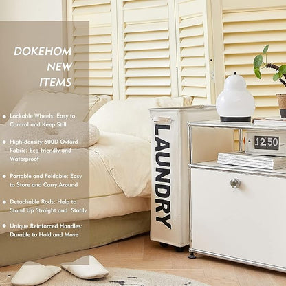 DOKEHOM 25-Inches Slim Laundry Basket on Wheels, Collapsible Rolling Laundry Hamper, Foldable Narrow Corner Clothes Storage Bins (Beige)