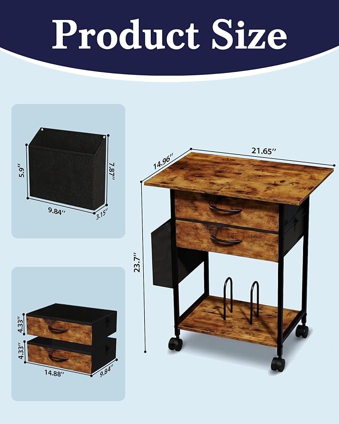 Faesun Printer Stand with Storage, 22'' Printer Cabinet with 2 Fabric Drawers, Rolling File Cabinet for Home Office, Printer Table with File Storage, Side Pocket & Dividers, Rustic Brown