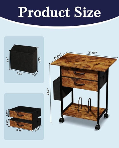 Faesun Printer Stand with Storage, 22'' Printer Cabinet with 2 Fabric Drawers, Rolling File Cabinet for Home Office, Printer Table with File Storage, Side Pocket & Dividers, Rustic Brown