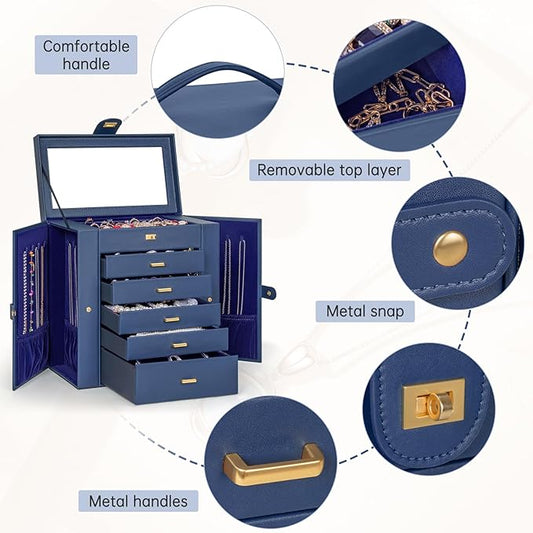 AKOZLIN 6-Tier Jewelry Box Organizer Functional 5 Drawers Leather Jewelry Storage Case for Women Girls Ring Necklace Earring Bracelet Holder Organizer with Mirror Extra Large Blue