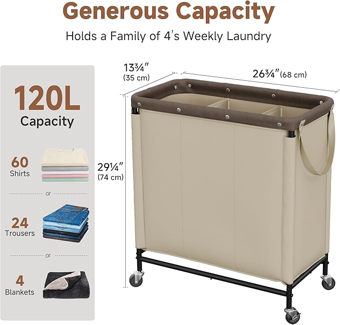 StorageWorks 3 Section Laundry Hamper, Rolling Laundry Cart with Wheels and Handles, Laundry Room Double Sorter for Organizer and Storage, 31.7 Gal(120L), Light Khaki