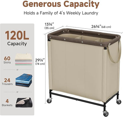 StorageWorks 3 Section Laundry Hamper, Rolling Laundry Cart with Wheels and Handles, Laundry Room Double Sorter for Organizer and Storage, 31.7 Gal(120L), Light Khaki
