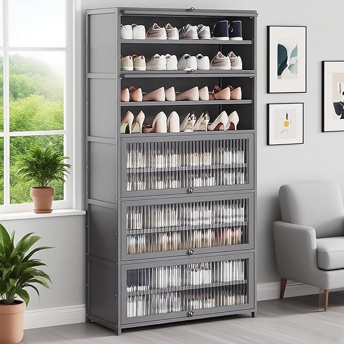 10-Tier Large Shoe Cabinet with Acrylic Doors, Large Capacity Bamboo Shoe Cabinet, 40-45 Pairs Shoe Rack, Free Standing Shoe Rack,Entrance for Hallway Living Room