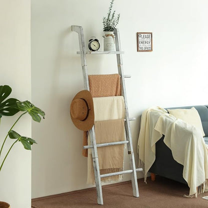 Taozun 67-Inch Farmhouse Blanket Ladder with Shelf and Hooks, 5-Tier Wooden Wall Leaning Towel Quilt Rack Holder for Living Room Decor