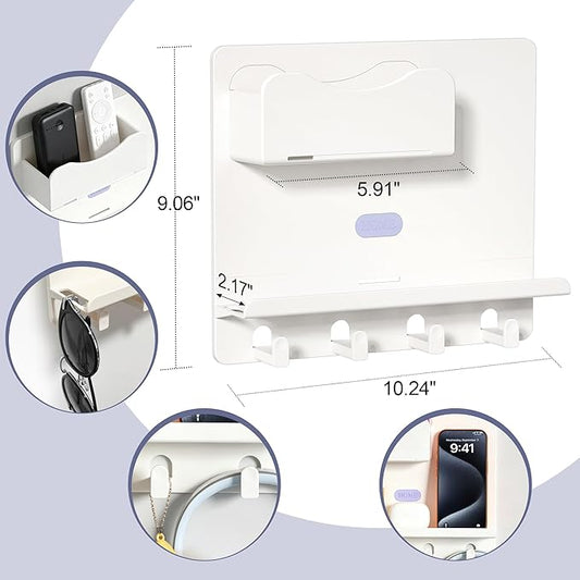 Bedside Shelf Wall Mount, Adhesive Bedside Shelf Accessories Organizer with Hooks and Cable Clips,Dorm Bedside Wall Storage for Phone, Remote, Earphone,Plastic (White)