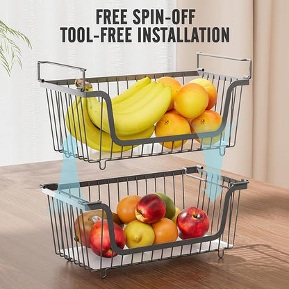 GAOKASE 4 Pcs Stackable Wire Baskets for Pantry Organizers and Storage,Vegetable Fruit Basket for Countertop,Kitchen Storage Metal Baskets,Produce Potato Onion Storage Bin,Gray
