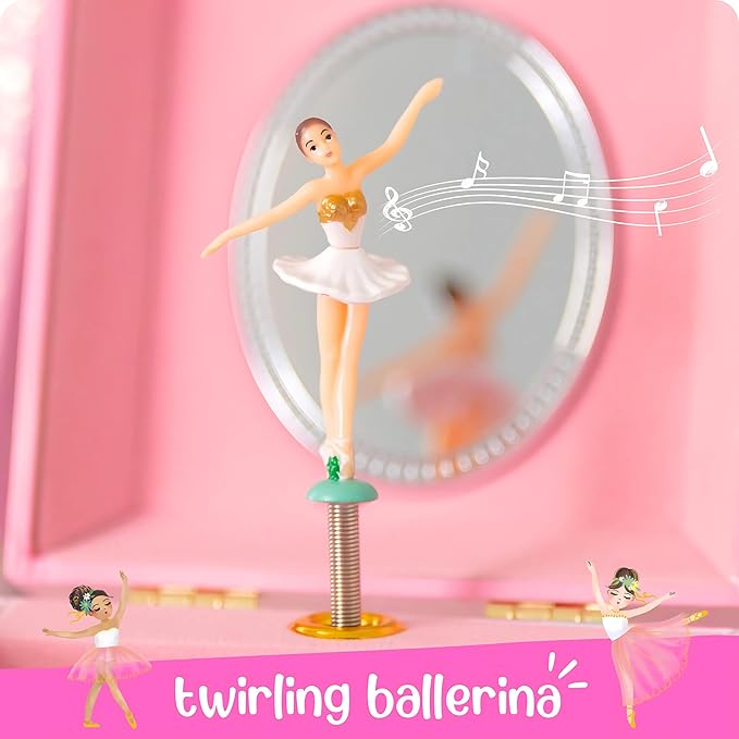 Giggle & Honey Musical Ballerina Jewelry Box for Girls - Kids Music Box with Spinning Ballerina, Ballet Birthday Gifts for Little Girls, Jewelry Boxes, 6.8 x 5.3 x 6 in - Ages 3-10, Pink