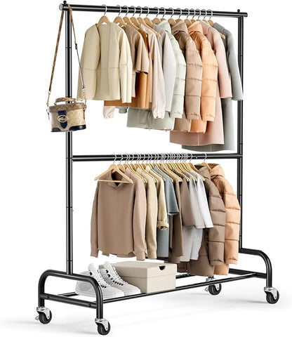 MISSLO Heavy Duty Clothing Racks for Hanging Clothes Rack Double Rod Garment Rack Rolling Closet Wardrobe Rack on Wheels, Metal, Adjustable, Black