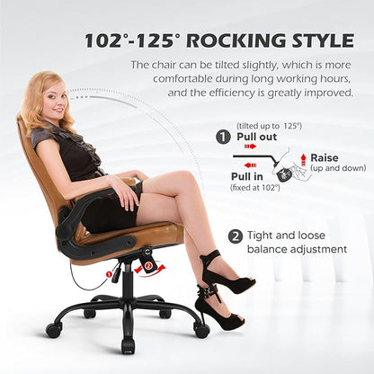 YAMASORO Executive Office Chair,Big and Tall Ergonomic Desk Chair with Adjustable Lumbar Support,Breathable PU Leather Computer Chair wih Flip-up Arms and Wheels, Camel