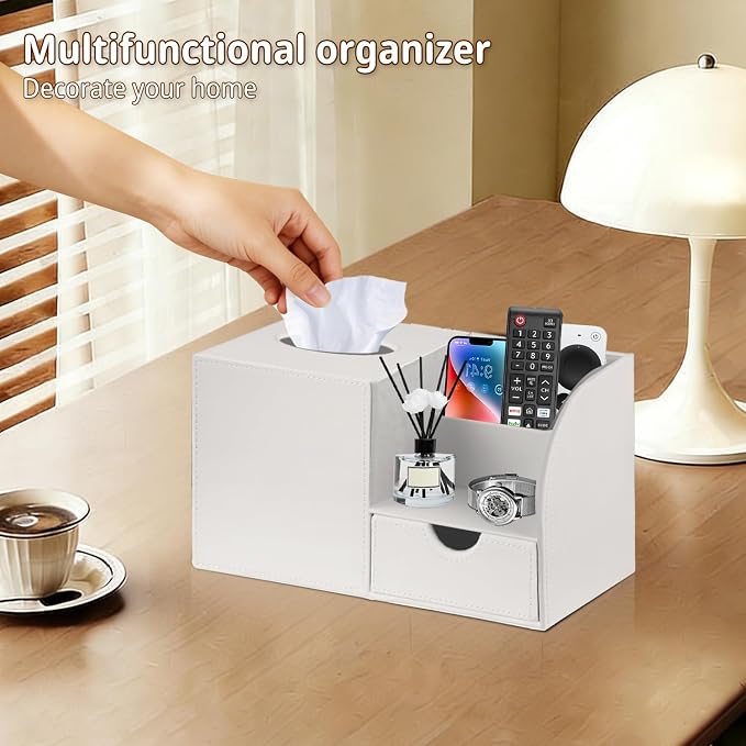 PUSU Square Tissue Box Cover with Storage Drawer, PU Leather Facial Tissues Cube Boxes Holder, Modern Makeup Remote Control Holder, Nightstand Organizer Caddy for Bathroom Vanity, Office, Home Decor