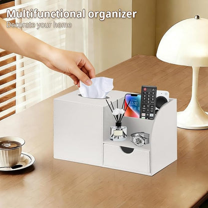 PUSU Square Tissue Box Cover with Storage Drawer, PU Leather Facial Tissues Cube Boxes Holder, Modern Makeup Remote Control Holder, Nightstand Organizer Caddy for Bathroom Vanity, Office, Home Decor