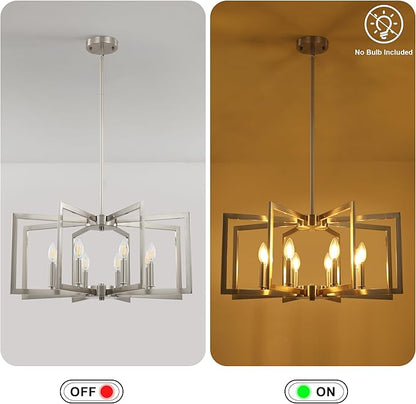 8-Light Modern Farmhouse Brushed Nickel Chandeliers for Dining Room, Large Industrial Kitchen Table Chandelier, Metal Geometric Hanging Light Fixture for Living Room Entryway Foyer Stairway