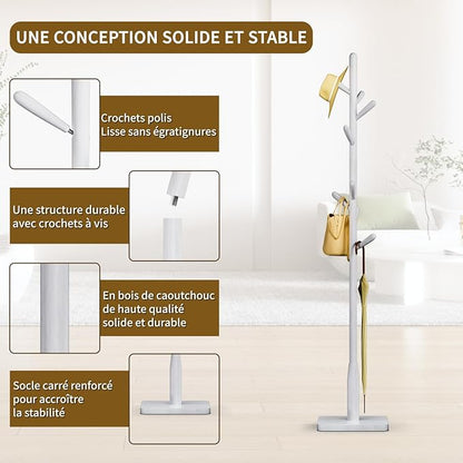 Solid Wood Square Base Coat Rack, Free Standing Hall Coat Tree with 8 Hooks（+2 spare for Coats, Hats, Bags, Purses, for Entryway, Hallway, Rubberwood Hooks,Base and Pole,(Square Base, White)