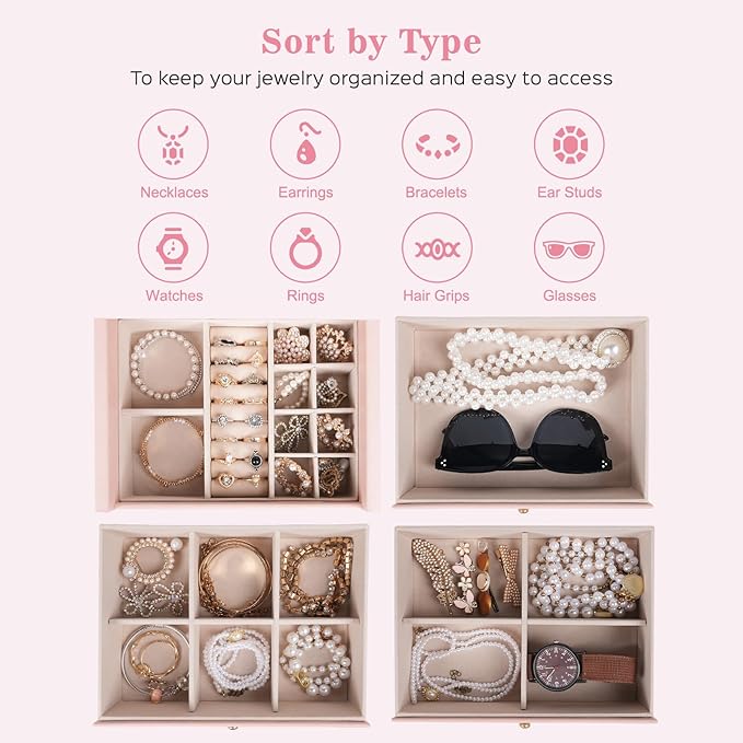 Dajasan Jewelry Box for Girls Women, 4-Tier Large Jewelry Organizer Box, Jewelry Storage Organizer, Jewelry Gift Box for Christmas, Valentine's Day, Birthday, Mother's Day (Pink)