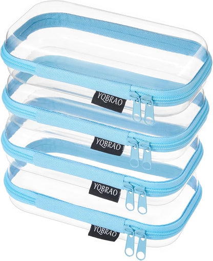 YQBRAO 4-Pack Clear Hard Shell Zipper Case, 1.2mm Ultra-Thick Diaper Bag Organizer Pouches, Rigid Self-Standing Travel Makeup Bags with YKK Zippers, TSA Approved, Blue