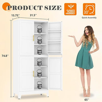 GAIOUS 74.8" Tall Metal Food Cabinet, White Kitchen Pantry Cabinet, Storage Cabinets with 4 Door and 4 Adjustable Shelves, Steel Freestanding Cupboard for Kitchen Dining Room Living Room Bathroom