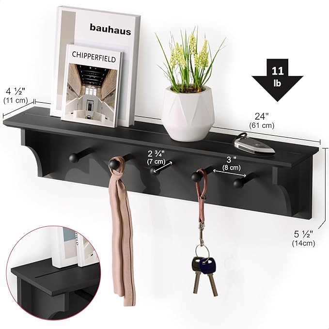 Ballucci Floating Coat and Hat Wall Shelf Rack, 5 Pegs Hook, 24", Black