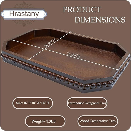 Hrastany Retro Brown Wood Serving Tray with Beads, Farmhouse Decorative Tray for Table Centerpiece, Christmas Wedding Halloween Home Decor