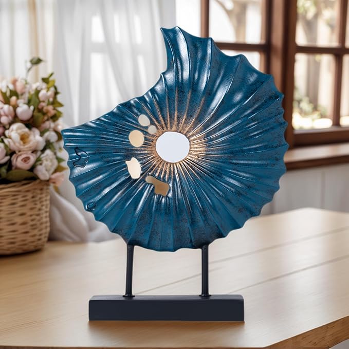 LuckySunDecorQZ Unique Round Coin Sculpture Decorative Objects for Shelf Home Decor Accents, Modern Abstract Tabletop Decor Items for Living Room Fireplace Mantel, Above Cabinet (Blue L)