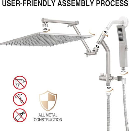 All Metal 12 Inch Rain Shower Head with Handheld Built-in Power Wash Mode, High Pressure Waterfall Rainfall Square Shower Heads with 16" Adjustable Extension Arm, Dual Showerhead(Brushed Nickel)