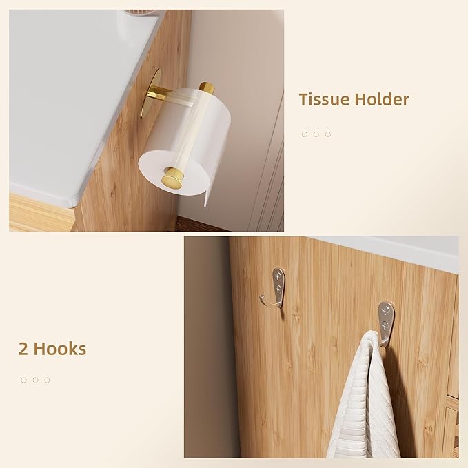VNN 36 Inch Bathroom Vanity with Ceramic Sink - Freestanding Modern Bathroom Storage Vanity Cabinet with Fluted Design, Soft-Close Doors, Shelves, Toilet Paper Holder & Towel Hooks, Natural Oak