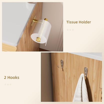VNN 36 Inch Bathroom Vanity with Ceramic Sink - Freestanding Modern Bathroom Storage Vanity Cabinet with Fluted Design, Soft-Close Doors, Shelves, Toilet Paper Holder & Towel Hooks, Natural Oak