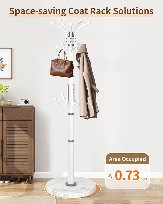 EZIVIEZ Modern Coat Rack Stand, 360° Rotary Metal Freestanding Coat Rack with Natural Marble Base, White Coat Racks and Coat Hanger Tree Jacket Stand with 14 Hooks for Office, Entryway, Hallway