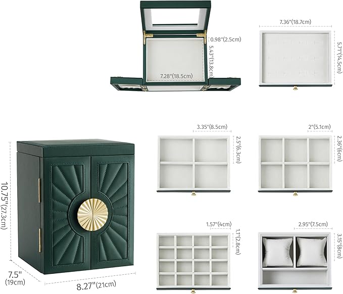 Jewelry Box for Women, 6-Tier Large Jewelry Organizer Box with Mirror, 5 Drawers for Rings Earrings Necklace Bracelets, Exquisite Metal Handle, Dark Green