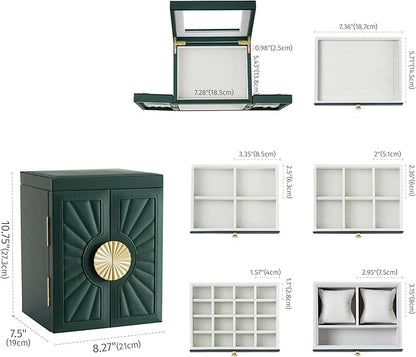 Jewelry Box for Women, 6-Tier Large Jewelry Organizer Box with Mirror, 5 Drawers for Rings Earrings Necklace Bracelets, Exquisite Metal Handle, Dark Green