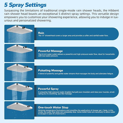 Hibbent cUPC Certified 13'' Shower Head Combo, High Pressure 5 Spray White Rainfall Showerhead, 10 Spray Handheld, All Metal Easy Reach 4-way Diverter Arm with Pause Mode, 71'' Hose and Holder, Chrome