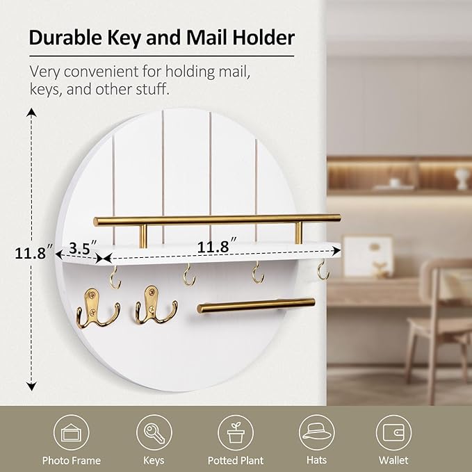 Nekon Key Holder Wall Mount, 11.8 Inch Rack With Shelf and 6 Hooks, Rustic Mail Organizer, Circular Wooden Hanger for Entryway Hallway Kitchen (White&Gold)