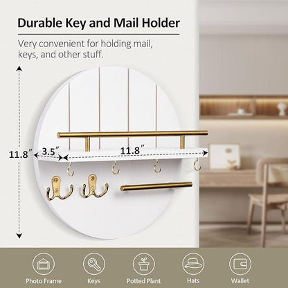 Nekon Key Holder Wall Mount, 11.8 Inch Rack With Shelf and 6 Hooks, Rustic Mail Organizer, Circular Wooden Hanger for Entryway Hallway Kitchen (White&Gold)