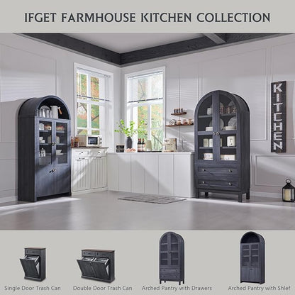 IFGET 71" Tall Arched Kitchen Pantry Cabinet, Wood Kitchens Storage Cabinets with 2 Large Drawers and Adjustable Shelves, Modern Farmhouse Versatile Cupboard for Kitchen, Dining Room, Bathroom, Grey