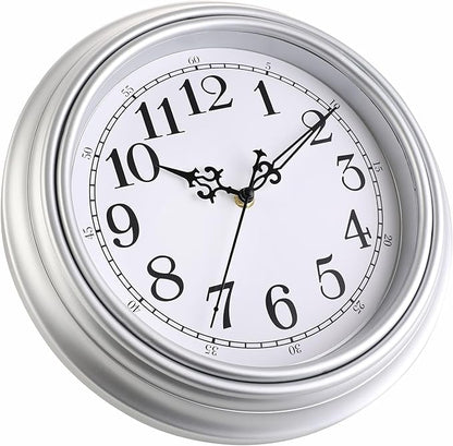 Plumeet Small Retro Wall Clock, 10'' Non Ticking Classic Silent Vintage Wall Clocks Decorative Kitchen Living Room Bedroom - Battery Operated, Silver